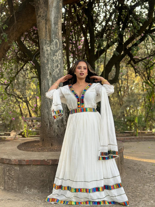 V-NECKLINE MULTICOLOR WOVEN HABESHA DRESS – AUTHENTIC ETHIOPIAN CLOTHING AND ERITREAN DRESS IN TRADITIONAL ETHIOPIAN CLOTHING
