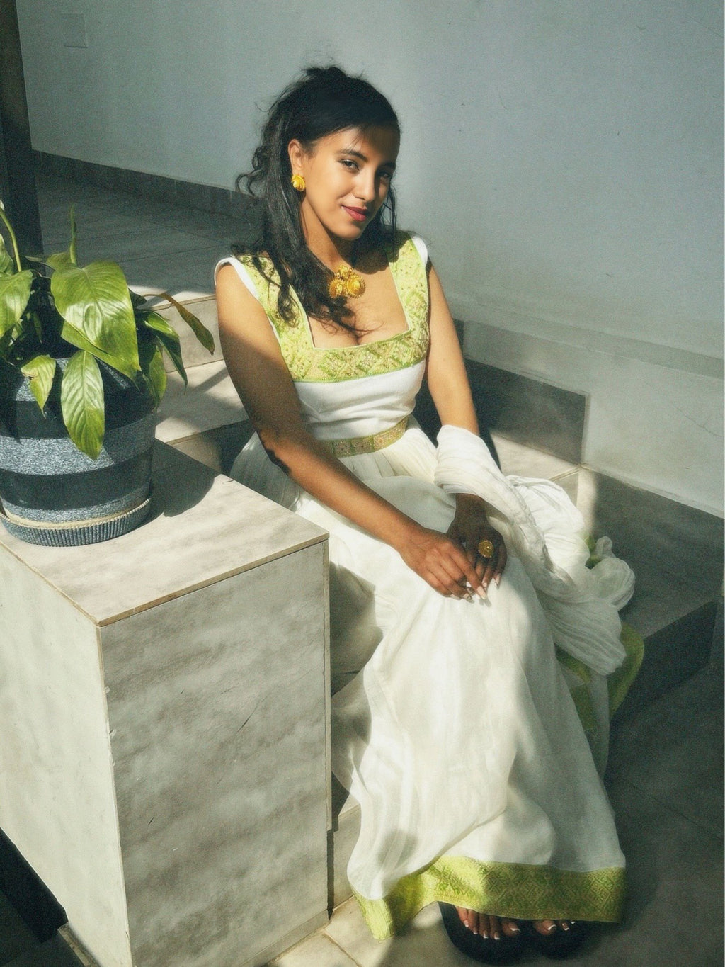 ELEGANT SLEEVELESS GREEN AND GOLDEN HABESHA DRESS – AUTHENTIC ETHIOPIAN CLOTHING 