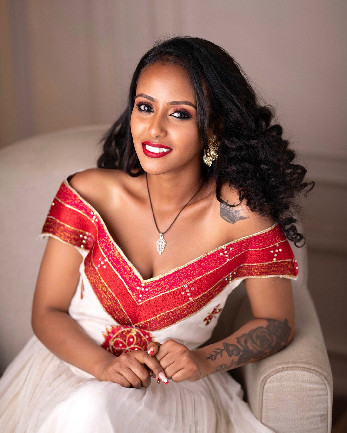 MIKAYA STUNNING OFF-SHOULDER ETHIOPIAN CLOTHING | RED AND GOLDEN EMBROIDERY HABESHA DRESS | GRACEFUL HABESHA KEMIS