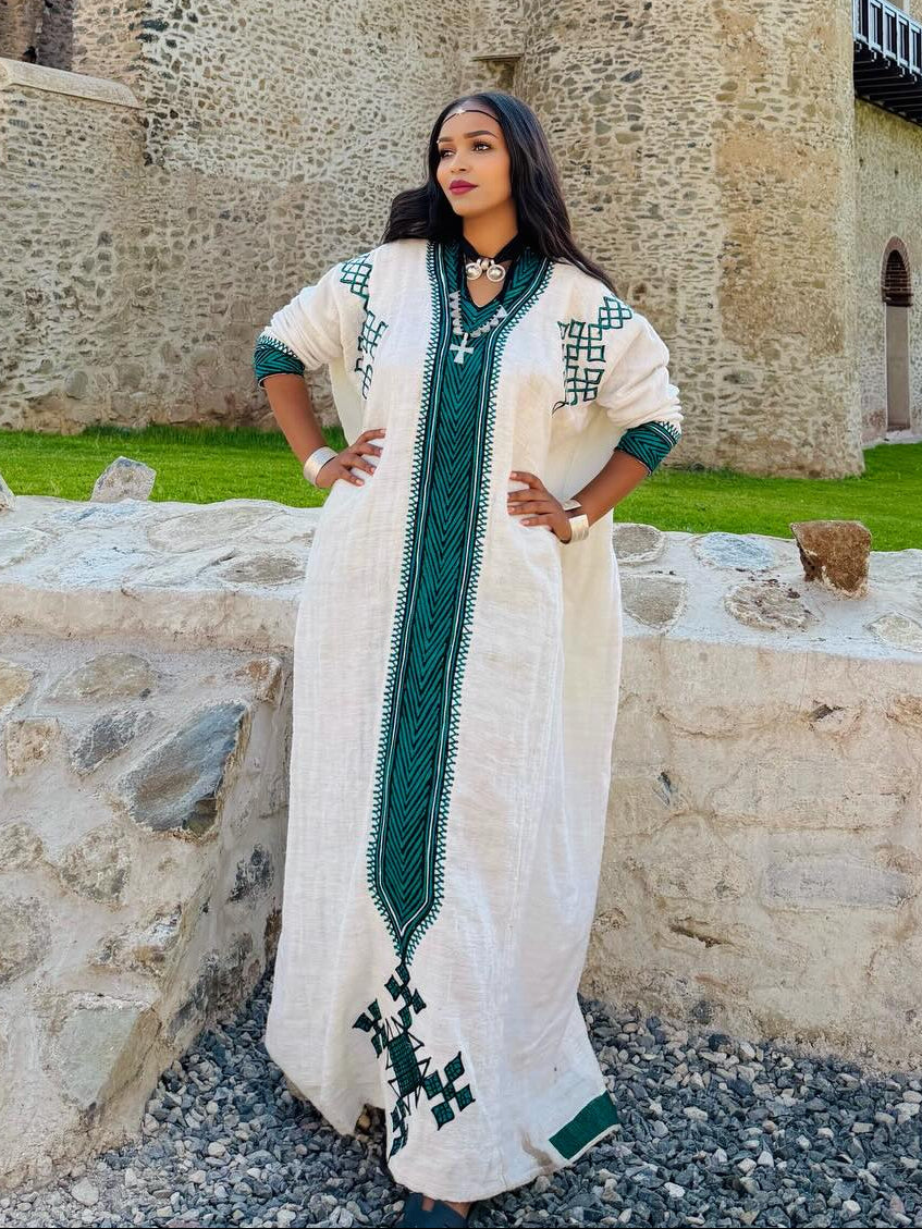 GREEN AND BLACK EMBROIDERY LONG SLEEVE HABESHA DRESS – AUTHENTIC TRADITIONAL ETHIOPIAN CLOTHING WITH ERITREAN INFLUENCE