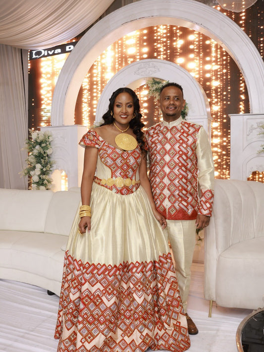 GOLDEN HABESHA COUPLE OUTFIT – TRADITIONAL ETHIOPIAN AND ERITREAN WEDDING ATTIRE