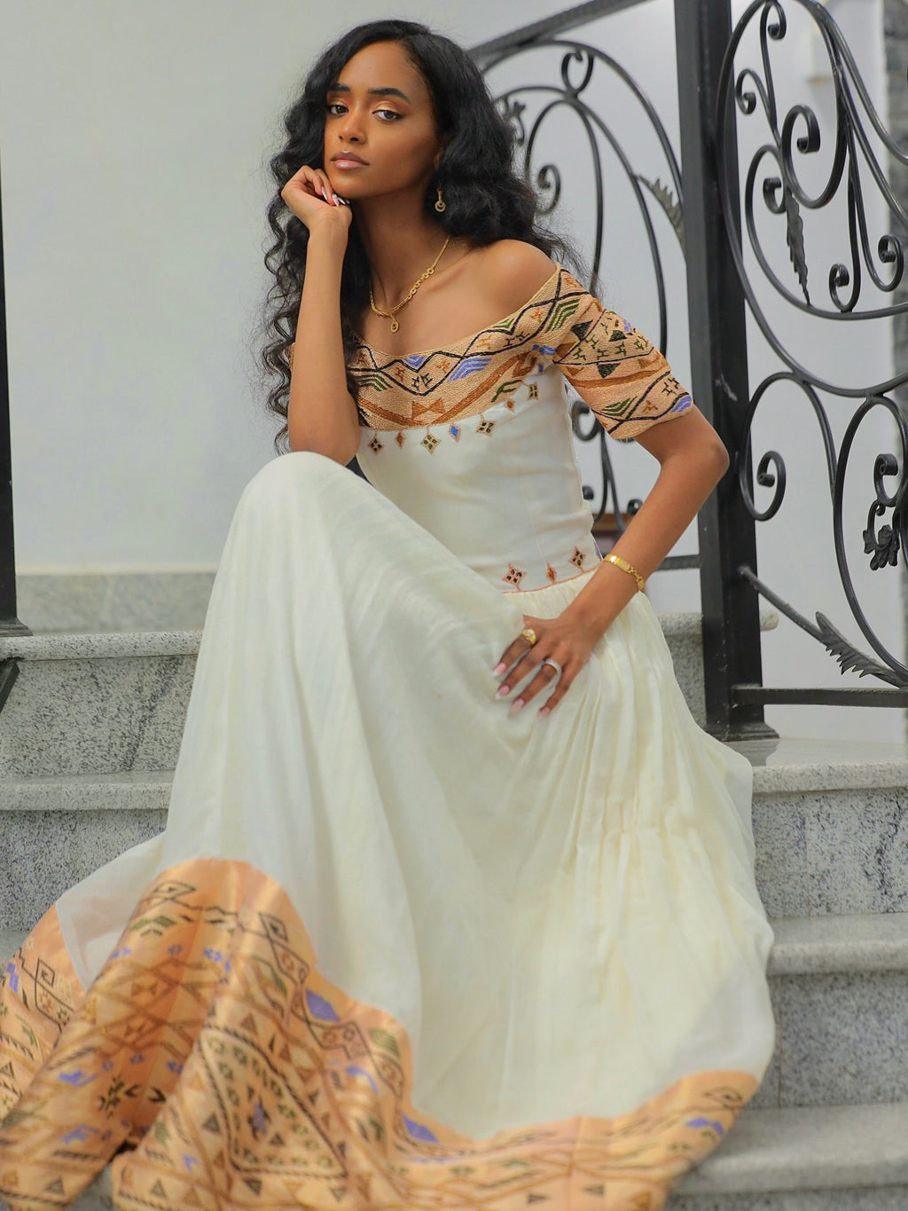 STUNNING OFF-SHOULDER HABESHA KEMIS WITH MULTICOLOR EMBROIDERY TRADITIONAL ETHIOPIAN CLOTHING