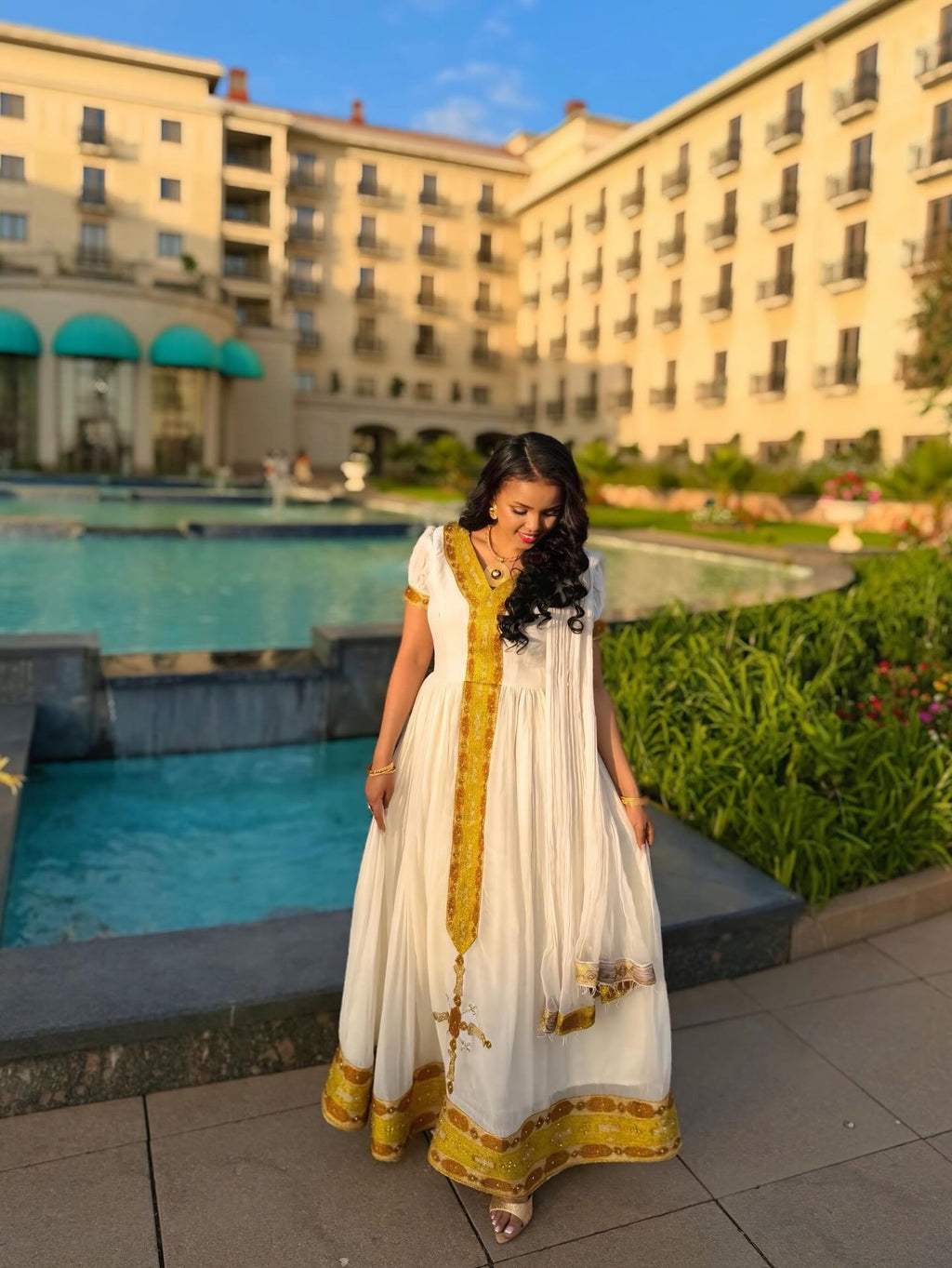 BURTU SHORT SLEEVE HABESHA KEMIS ONLINE | GOLDEN AND YELLOW EMBROIDERY HABESHA DRESS | TIMELESS ETHIOPIAN CLOTHING