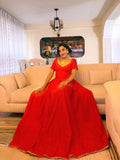 RED COLOR HABESHA DRESS WITH SHORT SLEEVE AUTHENTIC TRADITIONAL ETHIOPIAN CLOTHING