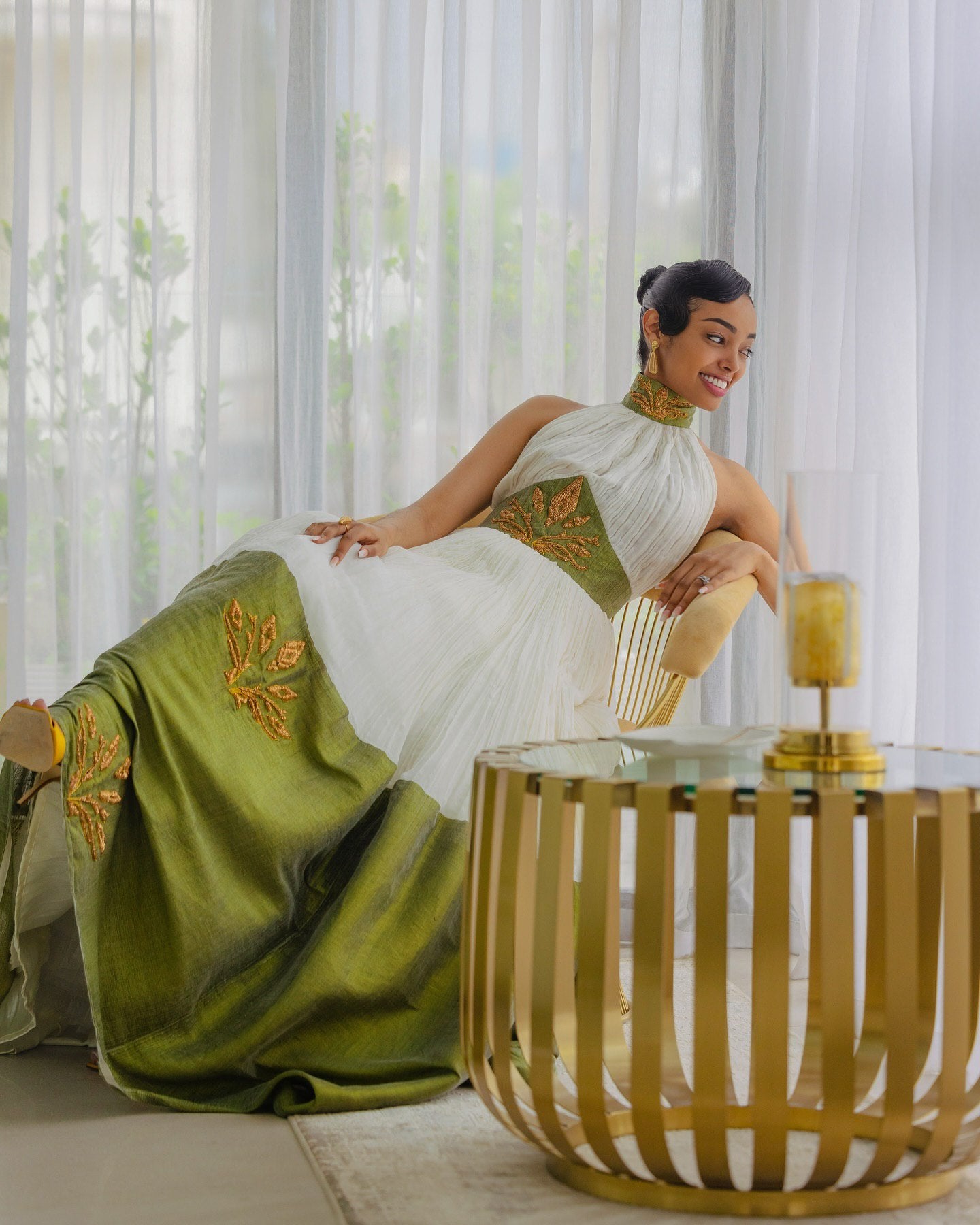 GREEN AND WHITE HABESHA DRESS WITH GOLDEN EMBROIDERY – ELEGANT TRADITIONAL ETHIOPIAN CLOTHING