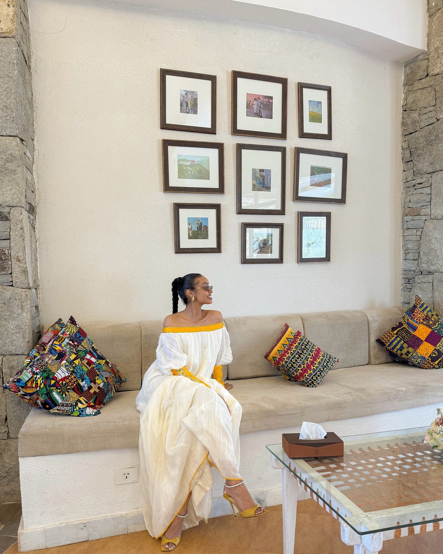 OFF-SHOULDER WHITE HABESHA DRESS | TRADITIONAL ETHIOPIAN CLOTHING | YELLOW TRIM HABESHA KEMIS