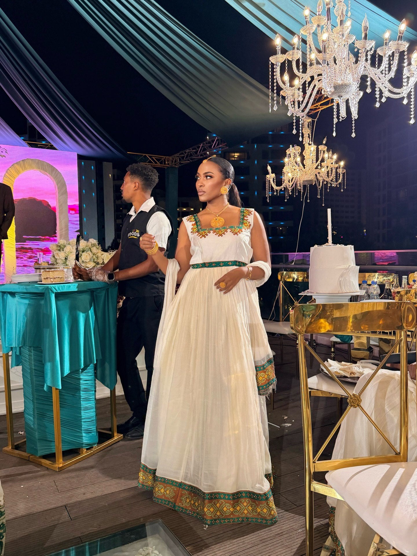 AMBAYE SLEEVELESS HABESHA KEMIS | GOLD AND GREEN EMBROIDERY HABESHA DRESS | CHARMING ETHIOPIAN DRESS