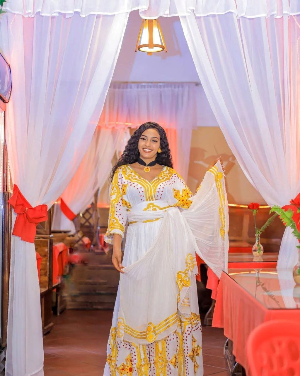 SOFANIT VIBRANT HABESHA KEMIS | GOLDEN AND RED TIBEB ETHIOPIAN CLOTHING | HANDCRAFTED HABESHA DRESS FOR FESTIVE OCCASIONS