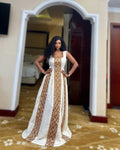 YEABNAT WHITE AND BROWN ETHIOPIAN TRADITIONAL DRESS | DIAMOND TIBEB HABESHA DRESS | TIMELESS CULTURAL WEAR HABESHA KEMIS