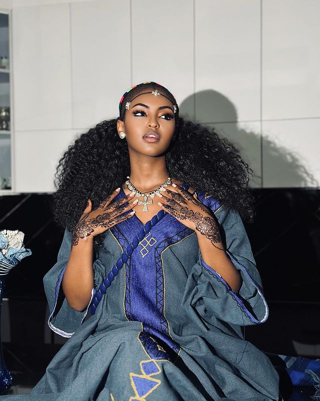 HAWENI BLUE ETHIOPIAN TRADITIONAL KEMIS WITH GOLD EMBROIDERY | CULTURAL HABESHA KEMIS WITH TRADITIONAL TOUCH | PERFECT HABESHA DRESS FOR HOLIDAYS