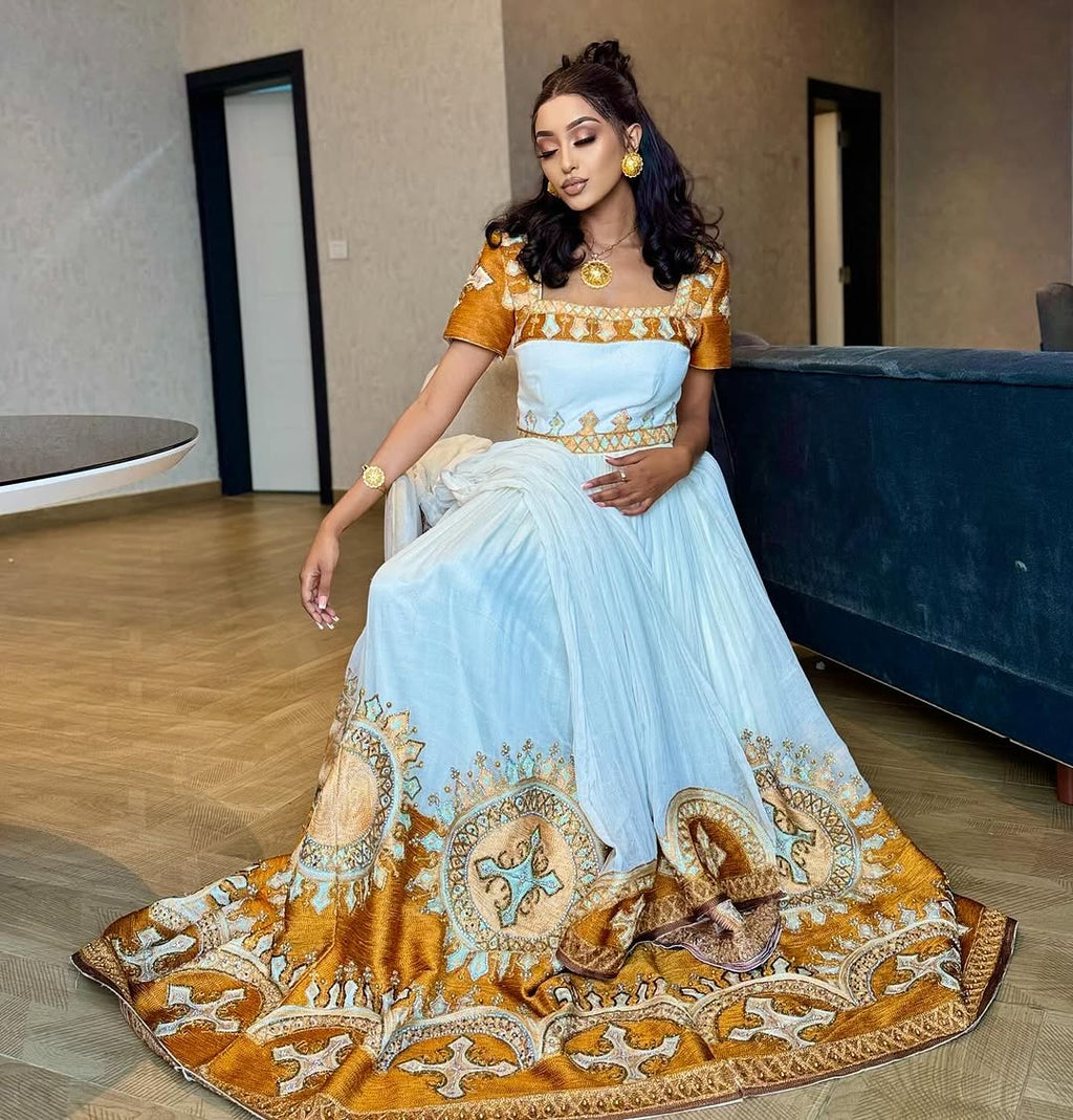 RAHWA ROYAL GOLDEN HABESHA KEMIS | EMBROIDERED CROSS MOTIFS ETHIOPIAN CLOTHING | HANDCRAFTED HABESHA DRESS FOR WEDDING