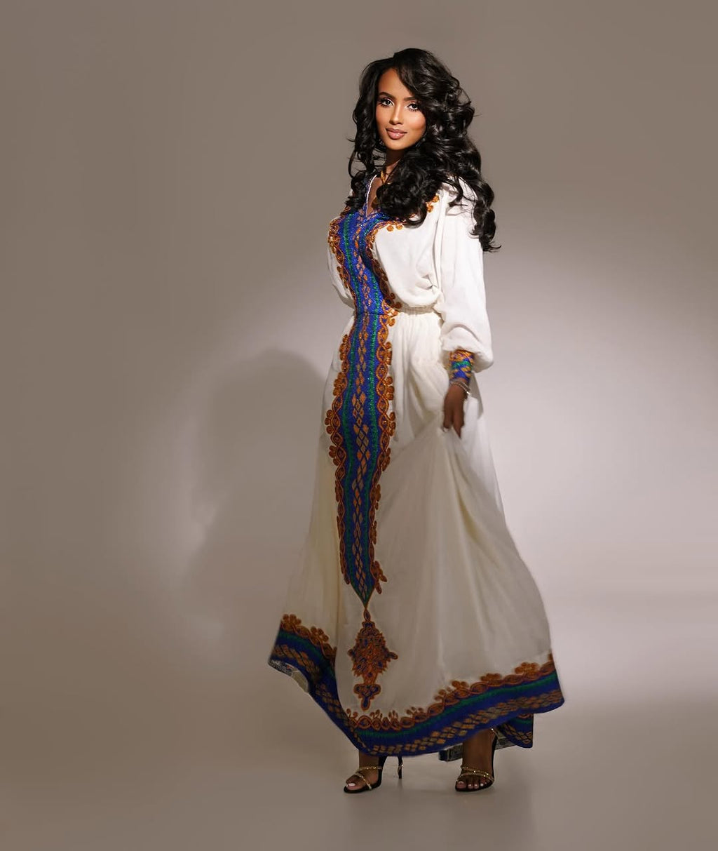 MEKDELAWIT ETHIOPIAN TRADITIONAL DRESS | BLUE AND GOLD HABESHA DRESS | FLOWING FULL SLEEVE HABESHA KEMIS