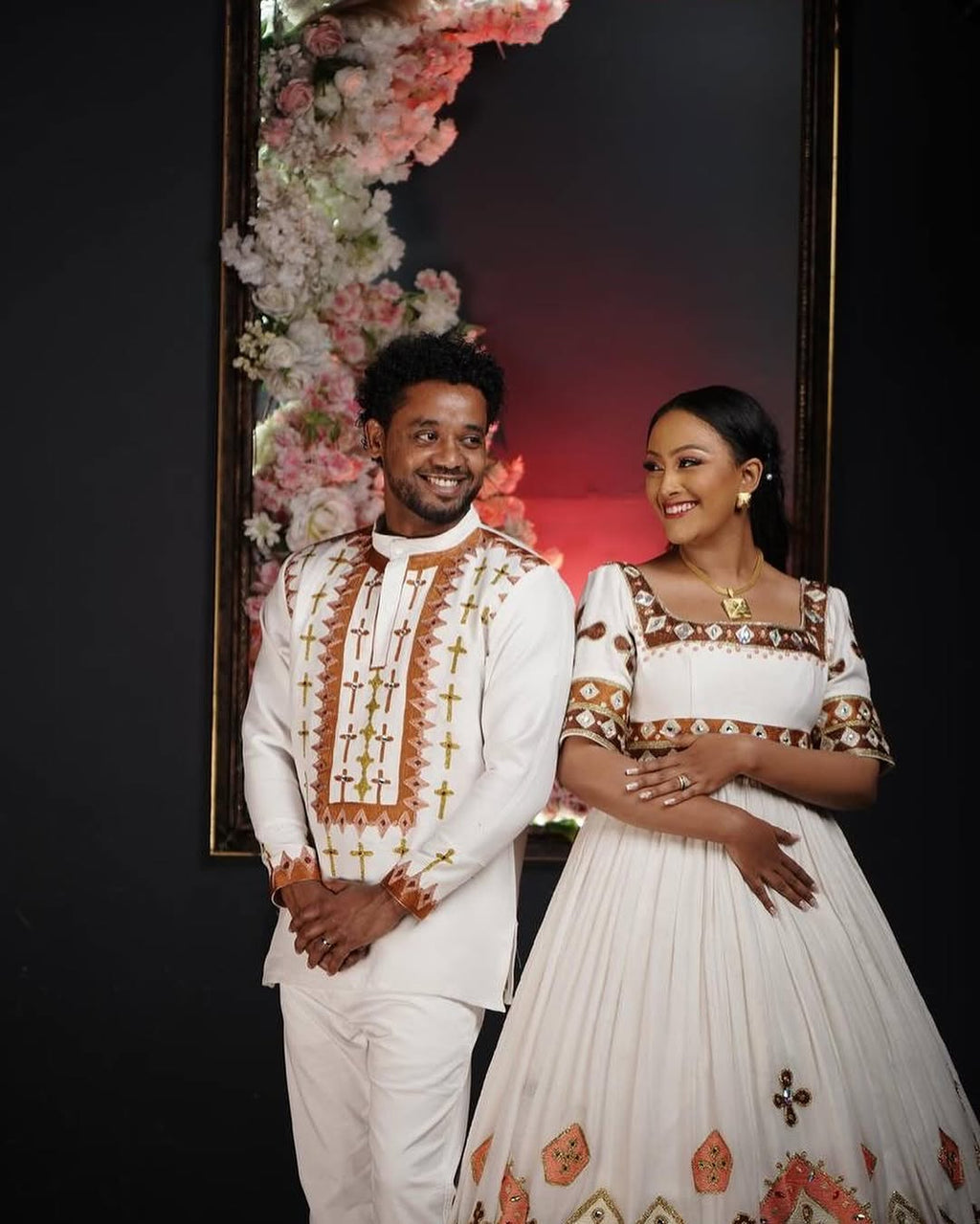 ELSHU ETHIOPIAN COUPLE’S HABESHA KEMIS & JODET SET | ORANGE CROSS EMBROIDERY HABESHA COUPLE'S OUTFIT | TRADITIONAL COUPLE'S OUTFIT