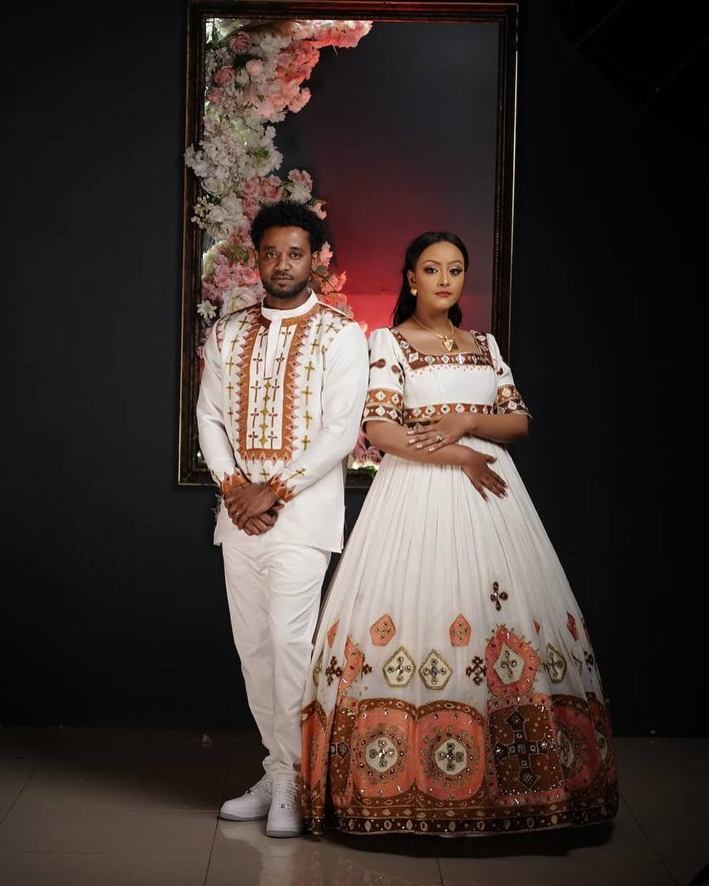 ELSHU ETHIOPIAN COUPLE’S HABESHA KEMIS & JODET SET | ORANGE CROSS EMBROIDERY HABESHA COUPLE'S OUTFIT | TRADITIONAL COUPLE'S OUTFIT