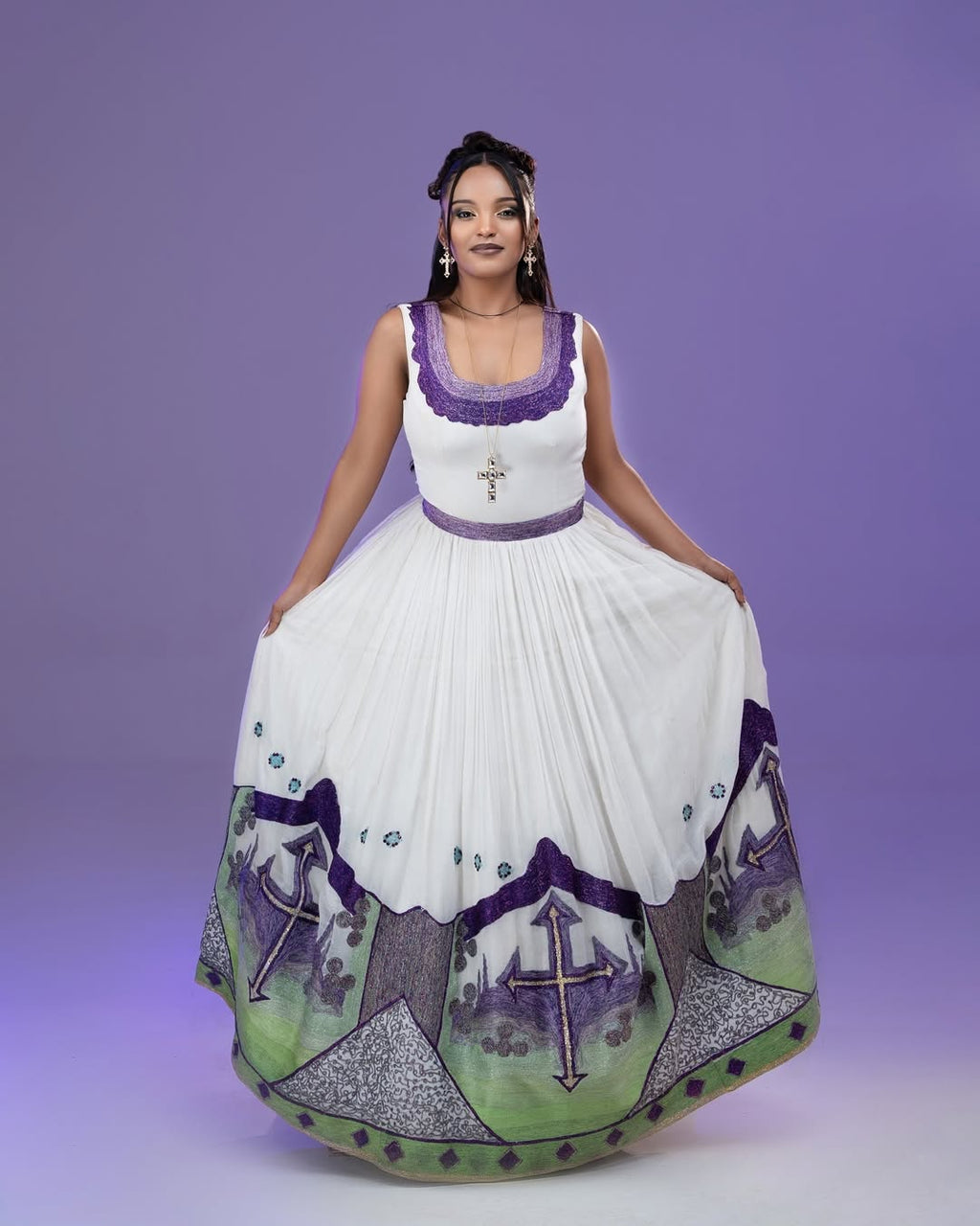MERON ETHIOPIAN WEDDING DRESS | PURPLE & GREEN TIBEB HABESHA KEMIS | SLEEVELESS HABESHA WEDDING DRESS
