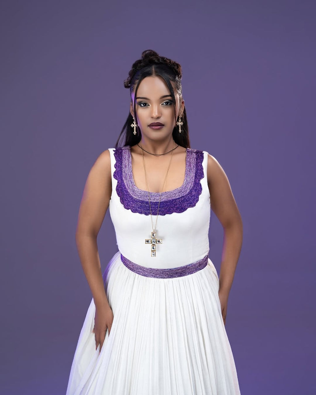 MERON ETHIOPIAN WEDDING DRESS | PURPLE & GREEN TIBEB HABESHA KEMIS | SLEEVELESS HABESHA WEDDING DRESS
