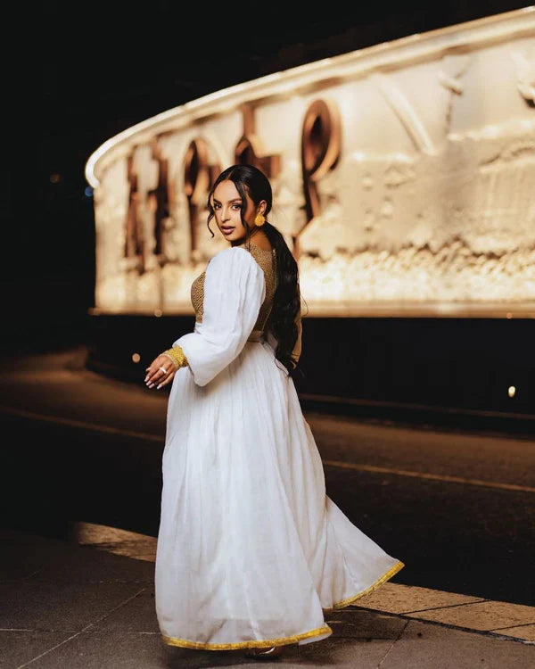 Tsedal Gold and White Habesha Dress | Handwoven Ethiopian Kemis Hab309