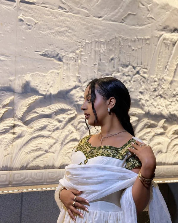Tsehay Olive Green and Gold Habesha Dress | Elegant Handwoven Habesha Kemis Hab308
