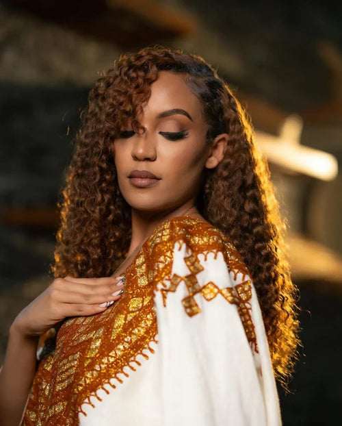 Alem Brown and Gold Embroidered Habesha Kemis | Elegant Habesha Clothing Hab307