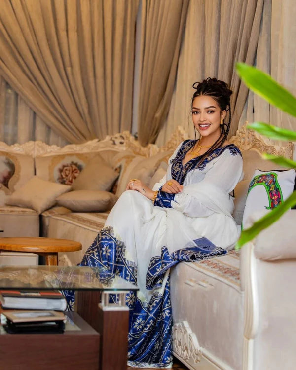 Estub - Blue Embroidered Habesha Dress | Elegant Eritrean Dress for Cultural Events Hab303