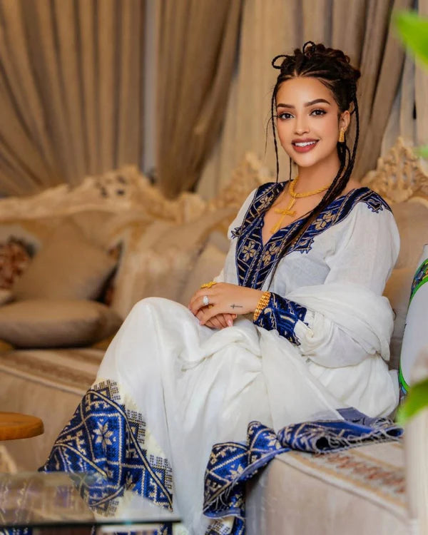 Estub - Blue Embroidered Habesha Dress | Elegant Eritrean Dress for Cultural Events Hab303