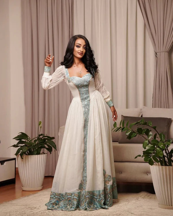 Meseret - Aqua Blue Embroidered Habesha Dress | Elegant Ethiopian Kemis Hab304