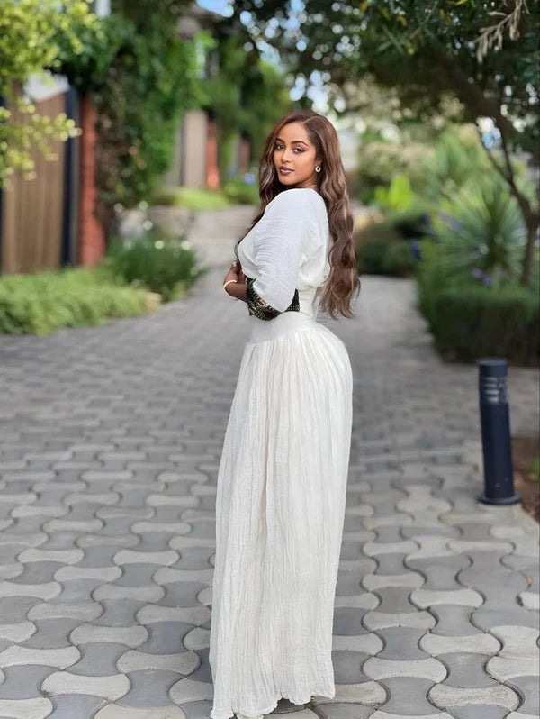Bersi - Gold Habesha Dress with Fine Embroidery | Simple Eritrean Dress Hab302