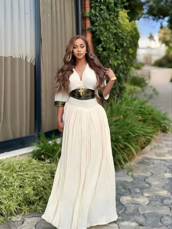 Bersi - Gold Habesha Dress with Fine Embroidery | Simple Eritrean Dress Hab302