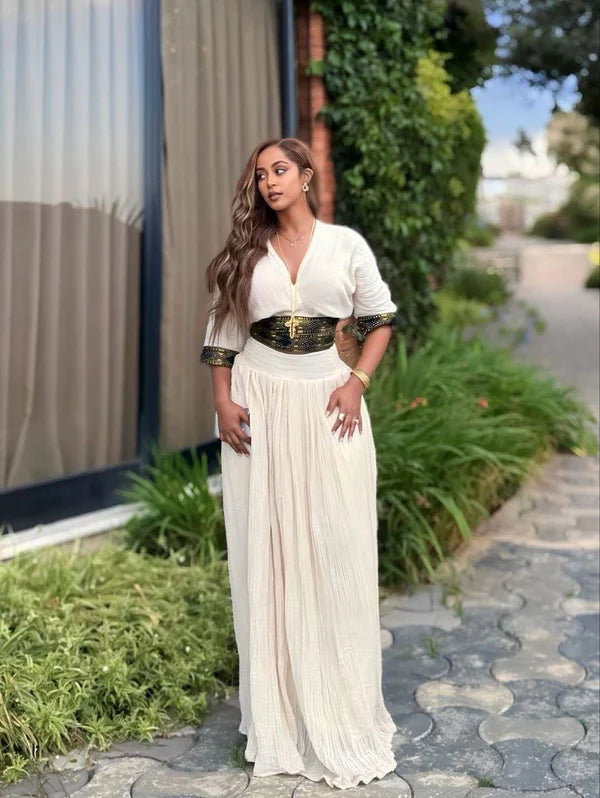 Bersi - Gold Habesha Dress with Fine Embroidery | Simple Eritrean Dress Hab302