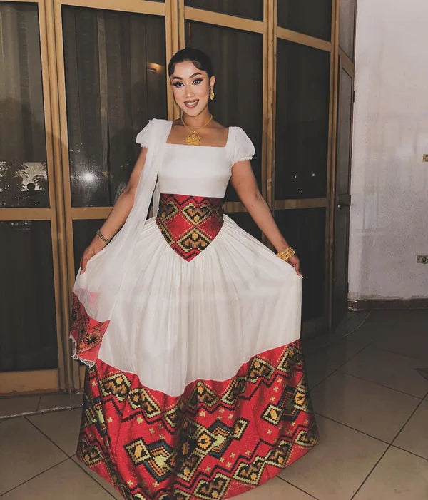 Liya - Red, Yellow & Black Waist Embroidered Habesha Kemis | Eritrean Dress Hab301