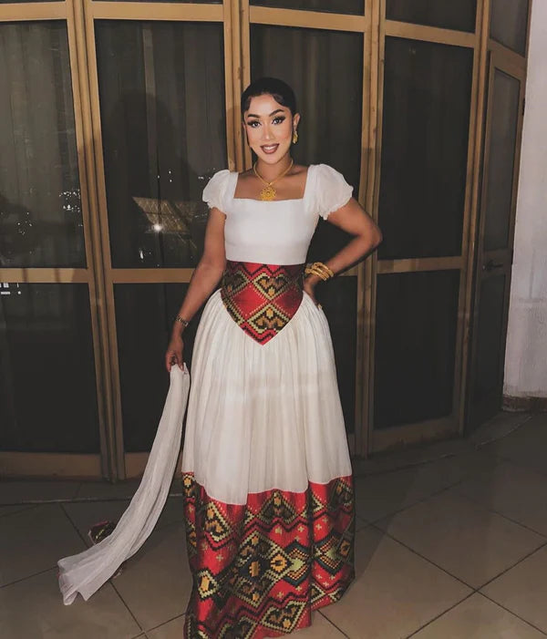 Liya - Red, Yellow & Black Waist Embroidered Habesha Kemis | Eritrean Dress Hab301