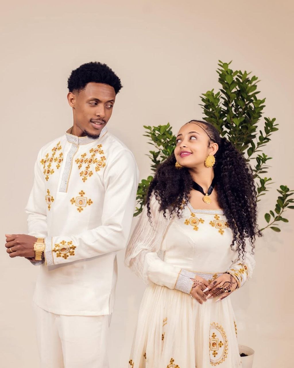 MELKAM MATCHING ETHIOPIAN TRADITIONAL OUTFIT | GOLD HABESHA WEDDING OUTFIT