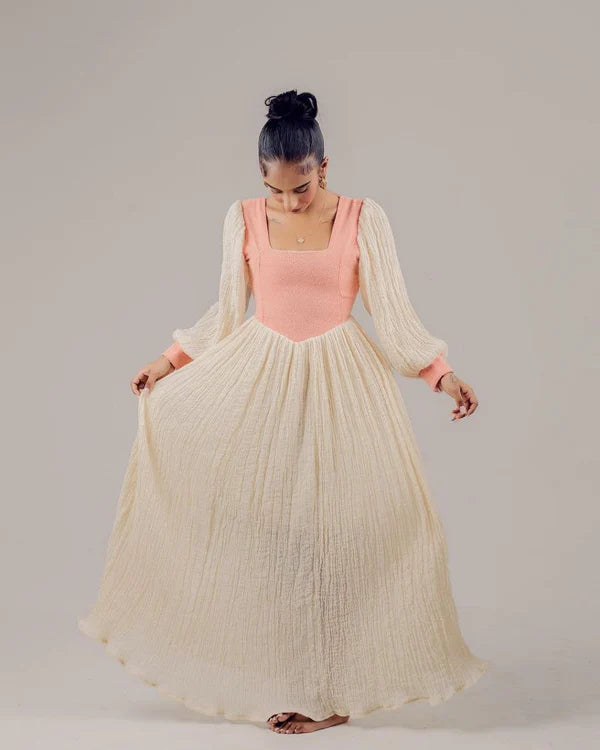 Bemnet - Peach Classic Habesha Kemis with Subtle Embroidery | Ethiopian Traditional Dress Hab300