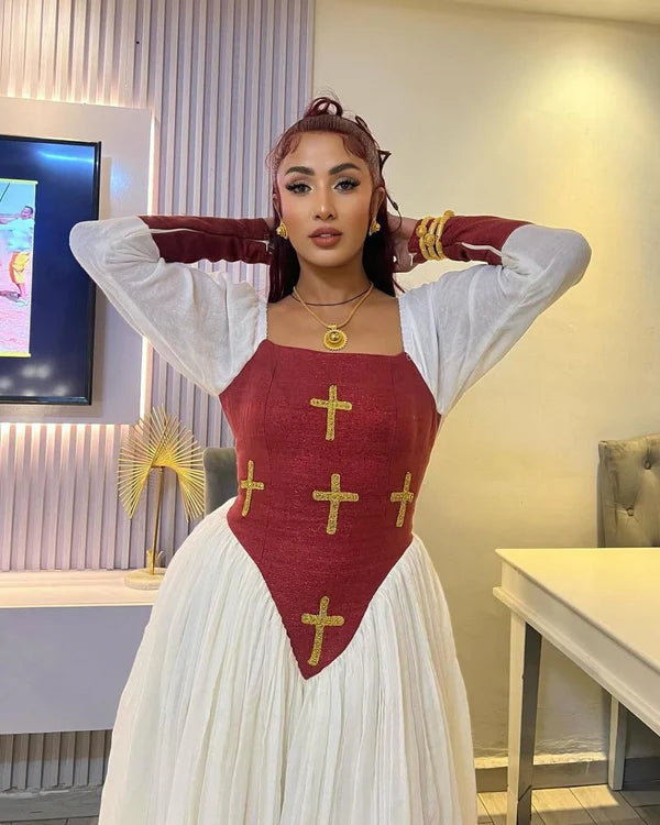 Seble - Red Handwoven Habesha Kemis with Elegant Embroidery | Ethiopian Traditional Dress Hab294