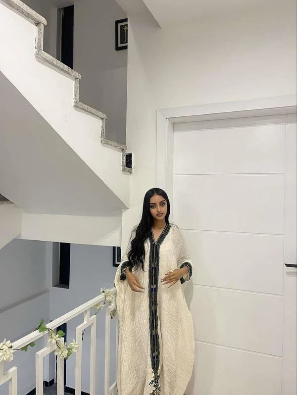 Ruth - Black Embroidered Habesha Kemis | Handmade Eritrean Dress Hab285