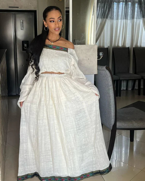 Fkir - Green Red and Black Trim Off-Shoulder Habesha Kemis | Handmade Modern Ethiopian Traditional Dress Hab286