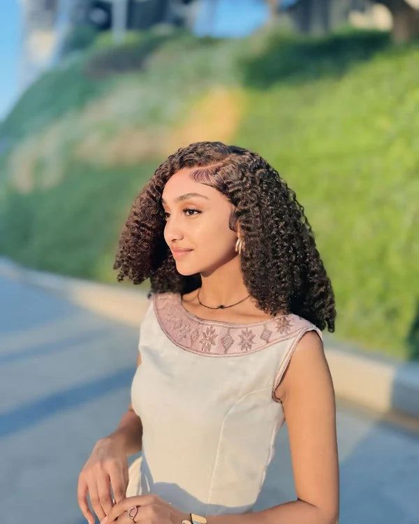 Nigist - Pink Patterned Handwoven Habesha Kemis with Light Bodice | Traditional Ethiopian Dress Hab298