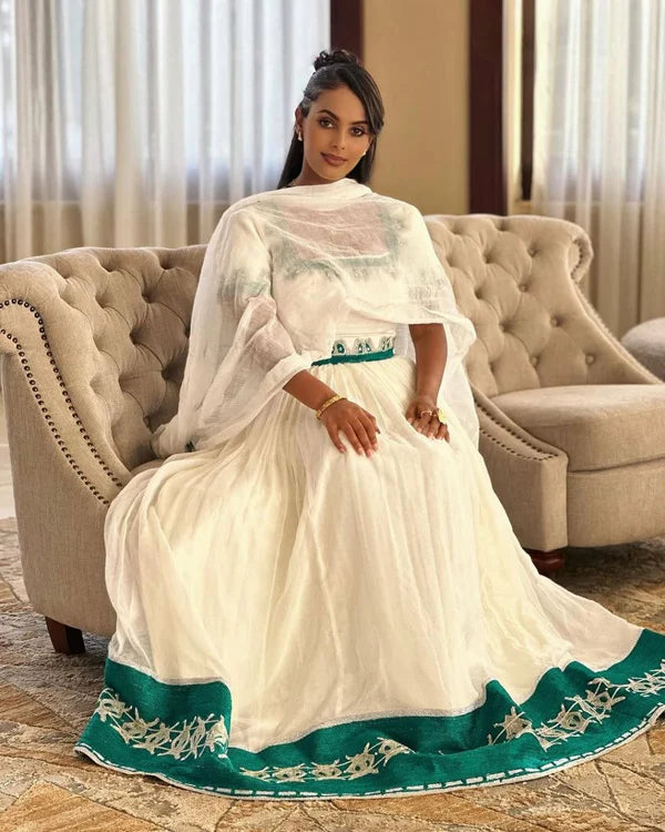 Frehiwot - Green Embroidered Short Sleeve Habesha Kemis | Handmade Ethiopian Traditional Clothing Hab287