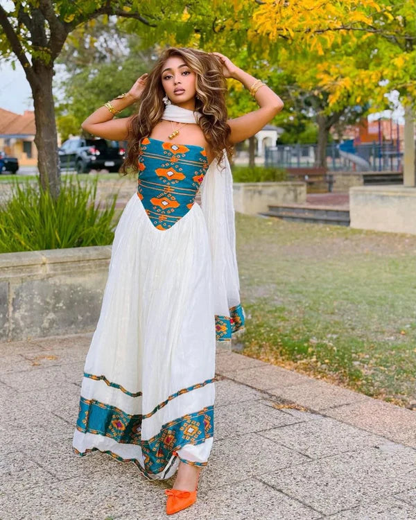 Salina - Teal and Orange Handwoven Habesha Kemis | Modern Habesha Dress Hab284