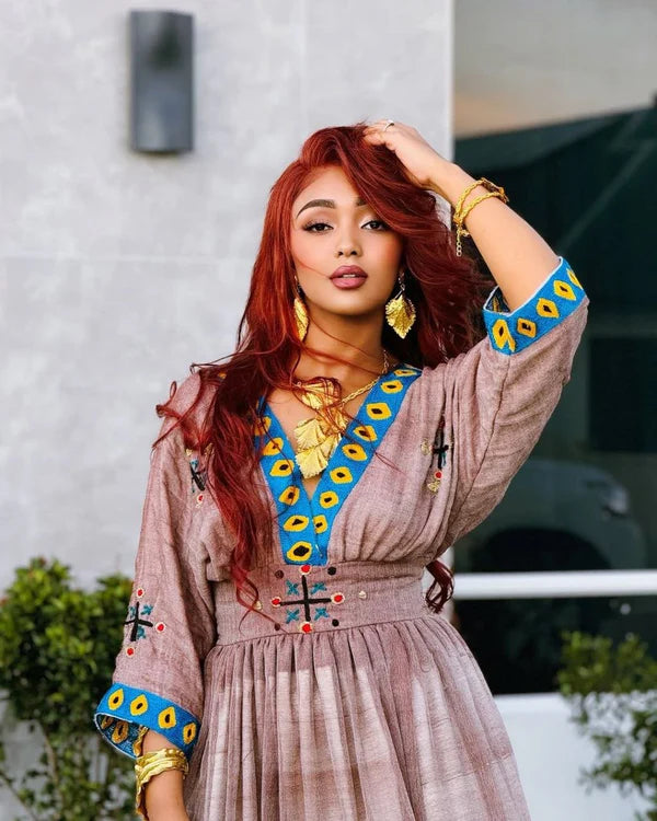 Mahi - Brown Handwoven Habesha Kemis with Blue Tibeb | Ethiopian Traditional Dress Hab283
