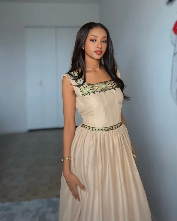 Samrawit - Beige and Green Handwoven Habesha Kemis | Elegant Ethiopian Traditional Dress Hab280