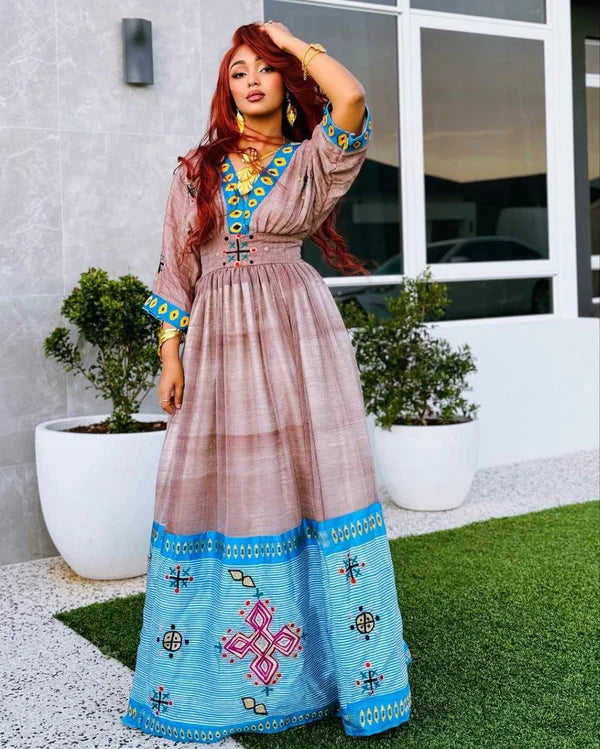Mahi - Brown Handwoven Habesha Kemis with Blue Tibeb | Ethiopian Traditional Dress Hab283