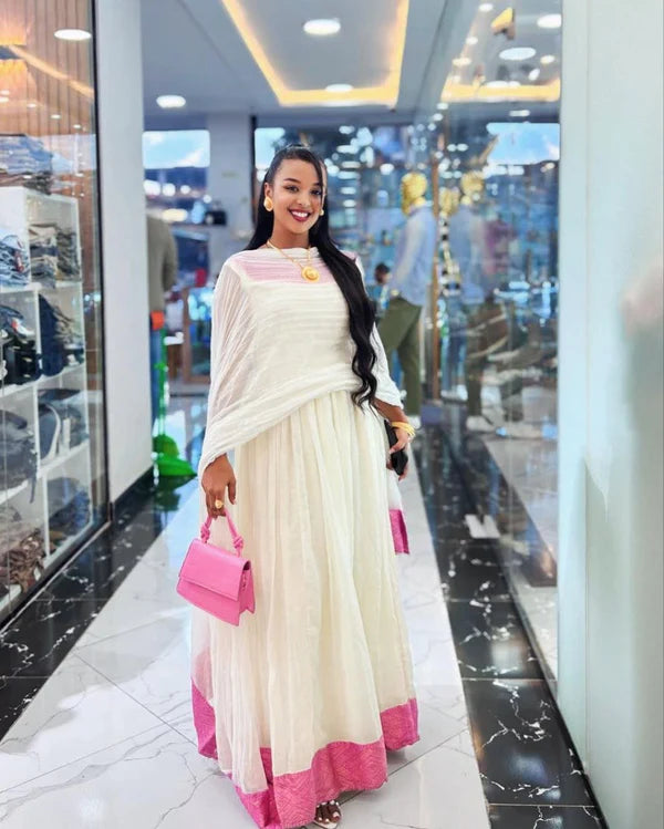Tsega - Pink Embroidered Handwoven Habesha Kemis | Simple Ethiopian Traditional Dress Hab278