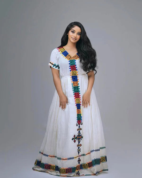 Selam - Colorful Geometric Handwoven Habesha Kemis | Simple Traditional Ethiopian Dress Hab275