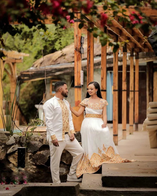 Winta - Gold Embroidered Habesha Kemis and Men's Shirt Set | Elegant Ethiopian Wedding Dress Hab277