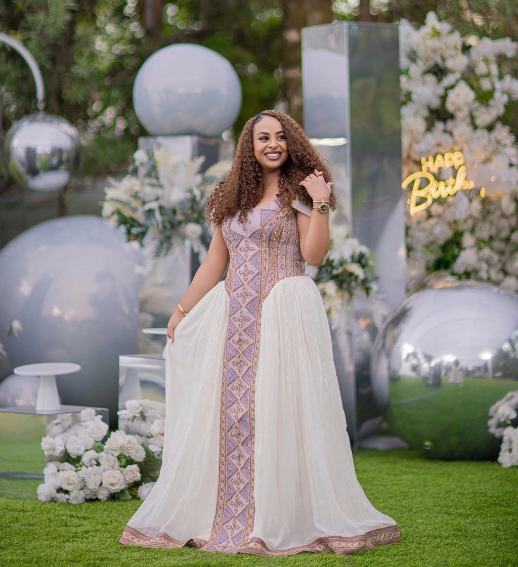 ELDANA ETHIOPIAN DRESS | FLOWY WHITE HABESHA KEMIS | ELEGANT HABESHA DRESS