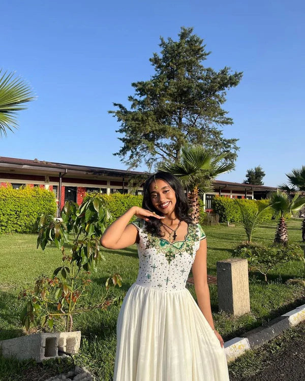 Kidist - Green and Gold Embroidered Handwoven Habesha Kemis | Elegant Eritrean and Ethiopian Traditional Dress Hab274