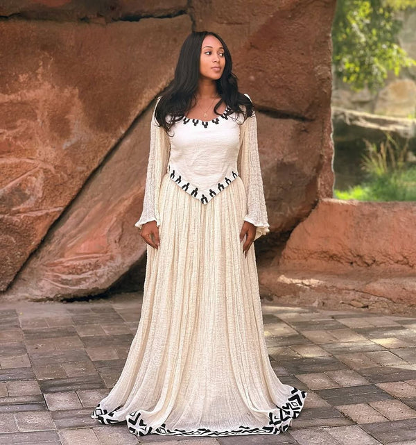 Eden - Black and White Embroidered Handwoven Habesha Kemis | Long Sleeve Traditional Ethiopian Dress Hab270