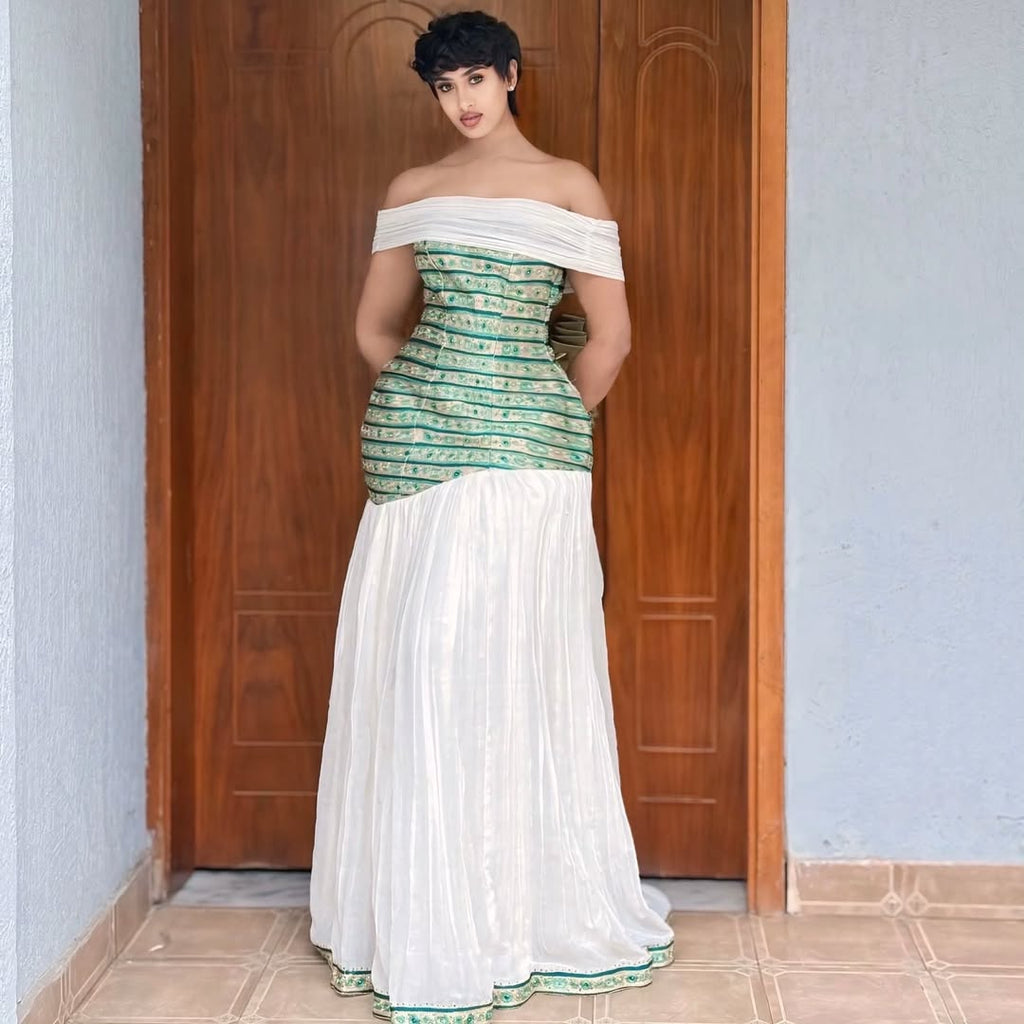 MELONA OFF-SHOULDER ETHIOPIAN DRESS | TIBEB AND SHEMMA FUSION HABESHA KEMIS | GREEN TIBEB DESIGN HABESHA DRESS FOR SPECIAL OCCASIONS
