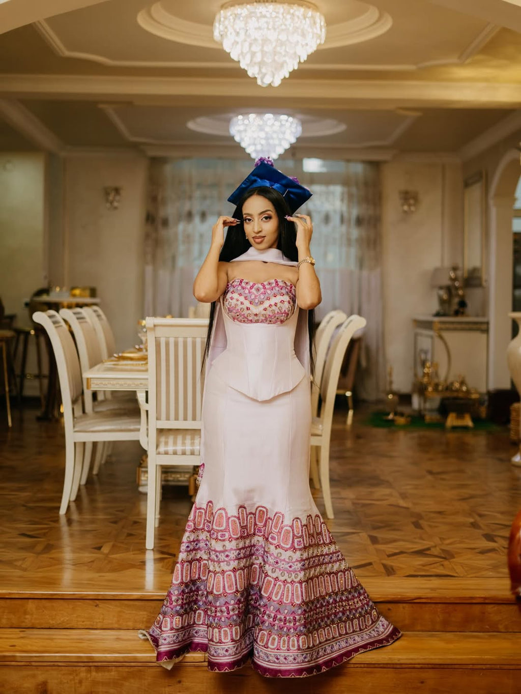 YANET ETHIOPIAN TRADITIONAL CLOTHING | PINK AND PURPLE TIBEB PATTERN HABESHA KEMIS | HANDWOVEN HABESHA DRESS